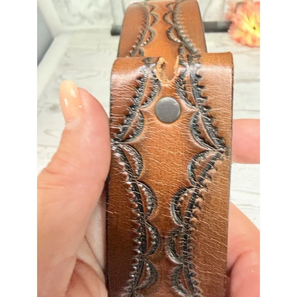 USA Cowhide Leather Tooled Buckle Ready Belt 38 Brown Vtg Western Cowboy NWOT